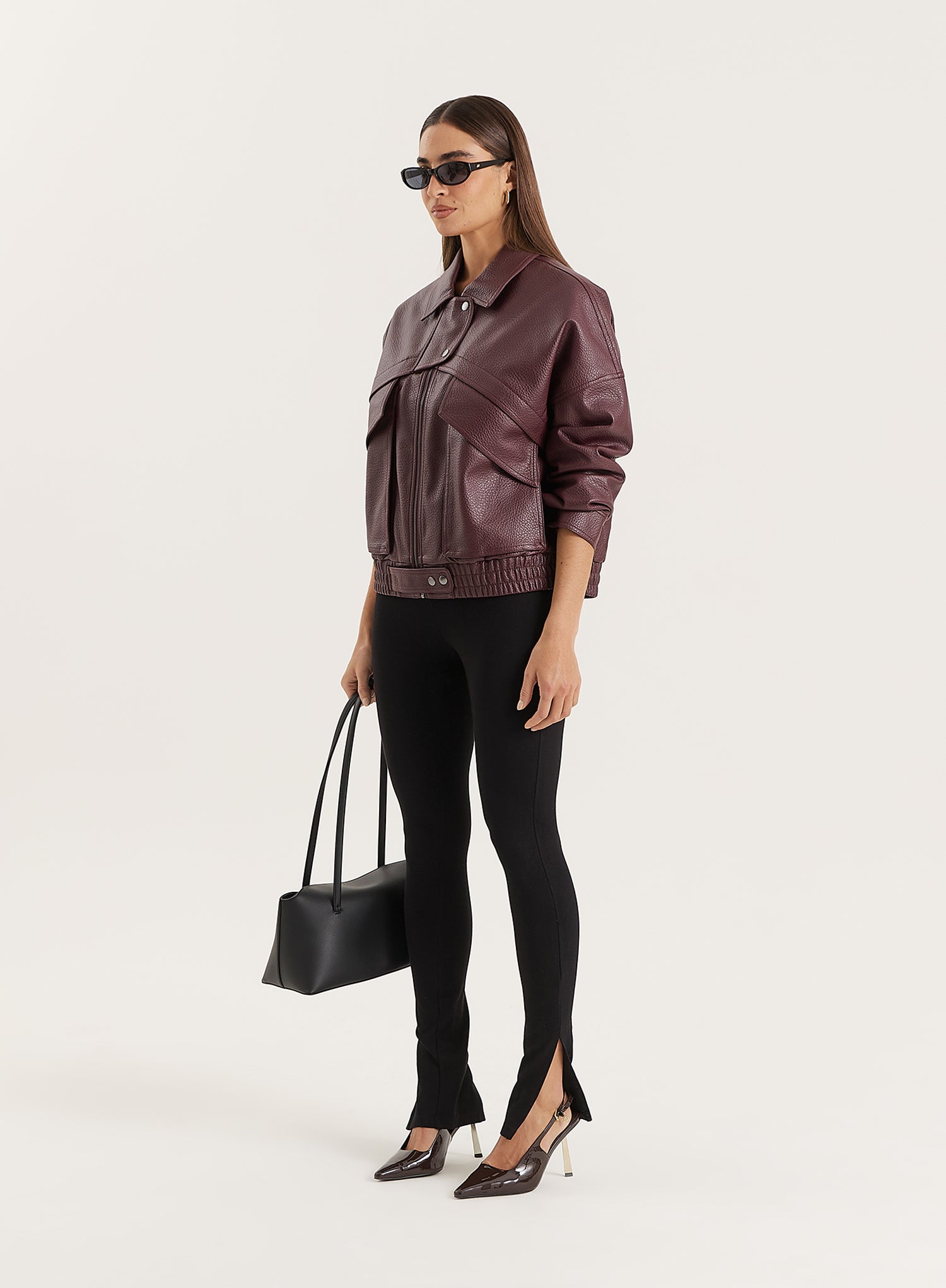 Burgundy Textured Faux Leather Cropped Jacket